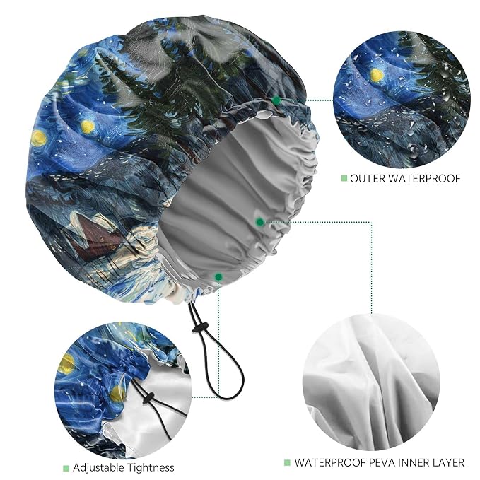 2 PCS Shower Cap Waterproof Double Layer Elastic Adjustable Reusable Hair Bath Caps for Girls Women Cute Aesthetic-Blue White