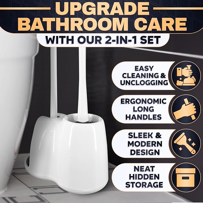 2 in 1 Toilet Plunger and Brush Set White - Toilet Brush and Plunger Set White with Stiff Bristles, Strong Vacuum Suction and Holder - Space-Saving Stand, Fits Most Standard Toilets, 6.4×5.5×17.1 inch