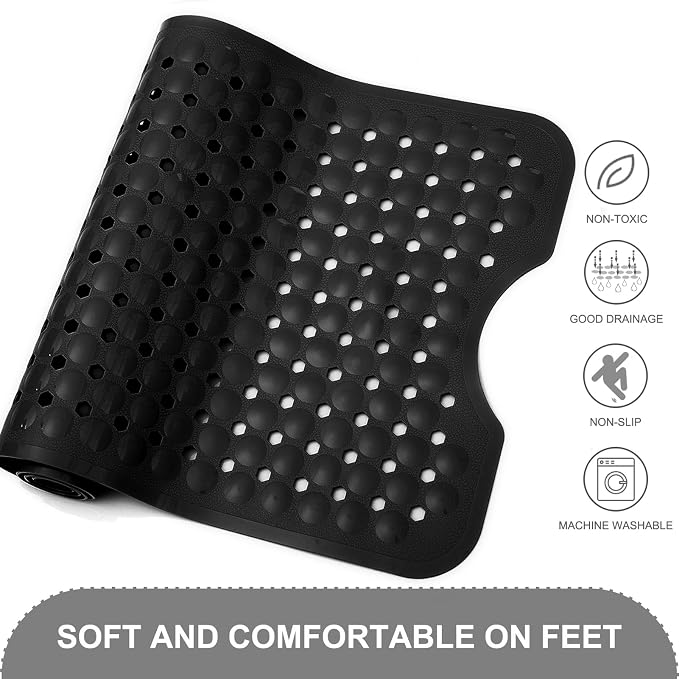 TEESHLY Bath Tub and Shower Mats, Non Slip 40 x 16 Inch Extra Long Bathtub Mat, Machine Washable Bathmat with Drain Holes, Suction Cups for Bathroom Floor, Black