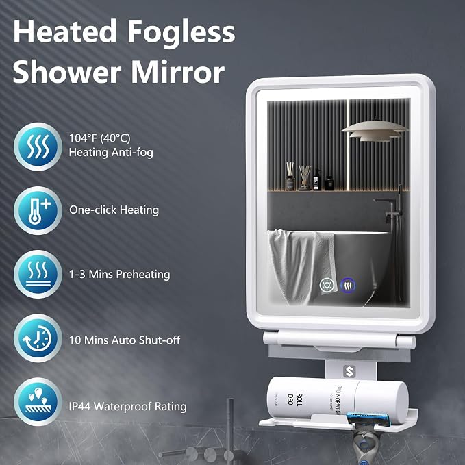 Heated Shower Mirror Fogless for Shaving, Anti-Fog Mirror for Shower | 3 Colors Stepless Dimmable Lights, 5000mAh Rechargeable Battery with Razor Holder, No-Drilling, Light Memory Function