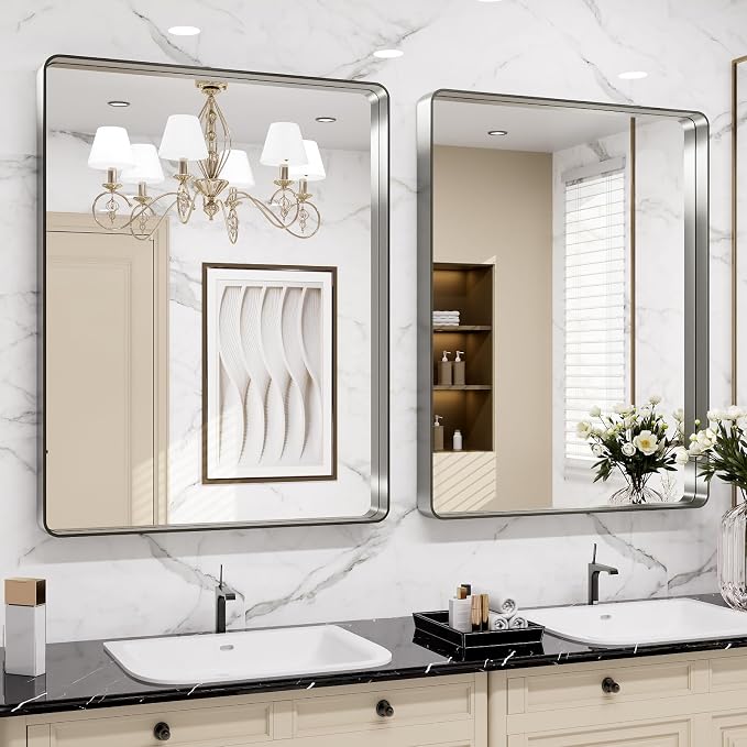 LOAAO 24X36 Inch Brushed Nickel Bathroom Mirror | Rounded Rectangle, Silver Metal Frame, Anti-Rust, Hangs Horizontally or Vertically