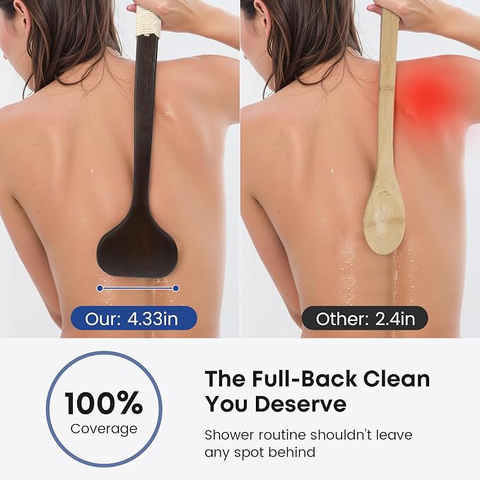 eaxun 17.3 Inches Bamboo Back Scrubber with Curved Long Handle for Shower | Exfoliating Shower Brush with Natural Boar Bristles for Men and Women, Anti-Slip Grip Back Washer for Bath or Dry Brushing