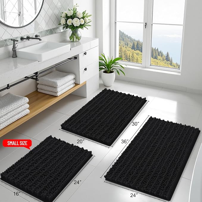 Smiry Bathroom Rugs 47X24, Extra Soft Rubber Backing Chenille Bath Mats | Black Machine Washable Non Slip Quick Dry Bath Mats for Bathroom Floor, Tub, Shower, Home Decor Accessories