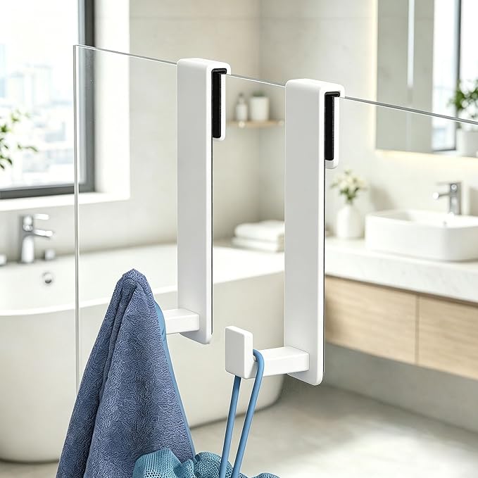 HUFEEOH Shower Door Towel Hooks, Stainless Steel Over Glass Door Hooks, Robe Hanger Fits Frameless Glass Shower Doors up to 3/8" Thick (White, Fits 3/8" Thick Door - L Shape - 2 Pack)