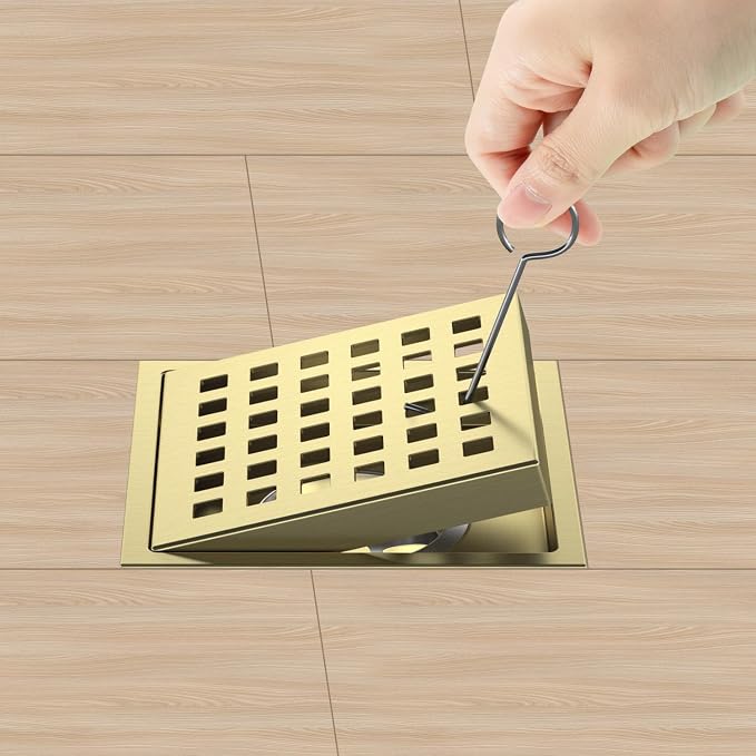 EXF Square Shower Drain 4-3/8 Inch Brushed Gold, Stainless Steel Shower Floor Drain Kit with ABS Flange, Removable Cover Grid Grate, Hair Strainer