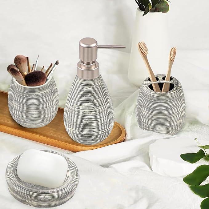 CERBIOR Bathroom Accessories Set,4 PCS Ceramic Bath Accessory,Grey | Includes Toothbrush Holder, Toothbrush Cup, Soap Dish for Decorative Countertop and Housewarming Gift
