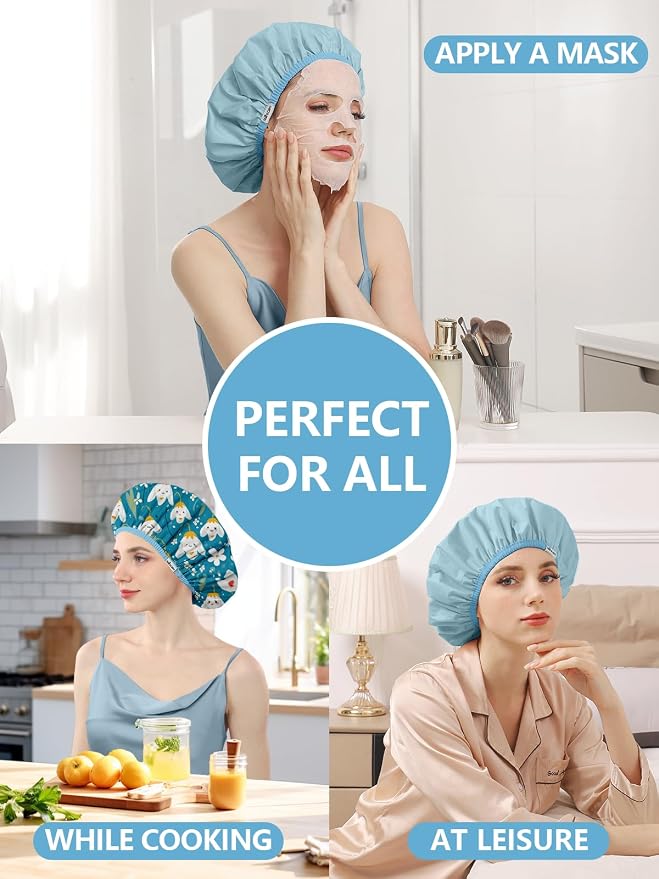 Years calm Shower Caps for Women Reusable Waterproof Double Layer Hair Cap | Both Sides Usable, Reversible Pattern & Solid Color Design, Soft Elastic Keeps Hair Dry for shower Spa Travel