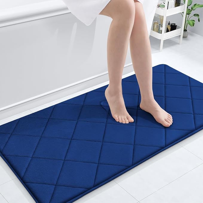 OLANLY Memory Foam Bath Mat 47x24, Ultra Soft and Absorbent Bathroom Rugs | Navy, Quick Dry, Machine Washable Shower Bath Rugs, Comfortable Bath Carpet for Bathroom Floor, Tub and Shower