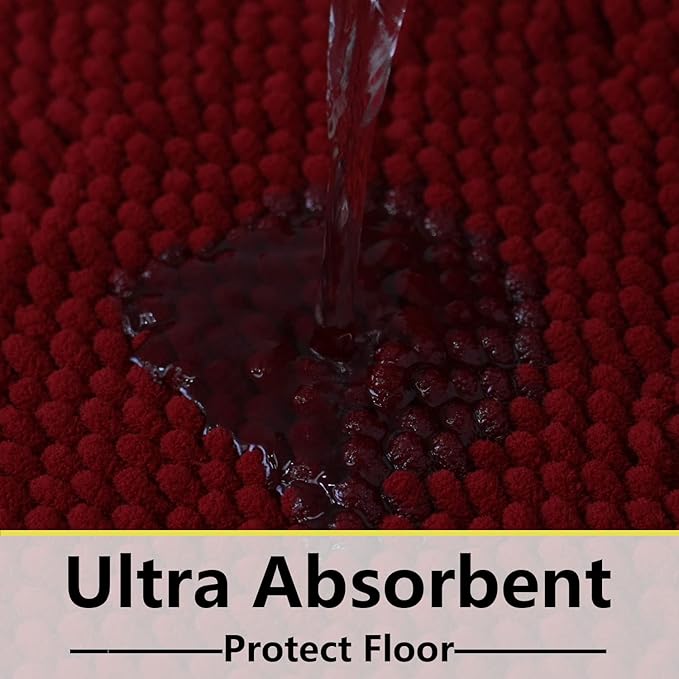 BOANKODU Bath Mat Set, 2 Piece - Soft Chenille, Non-Slip, 32x20 Inch + 20x20 Inch U Shape, Machine Washable (Burgundy)