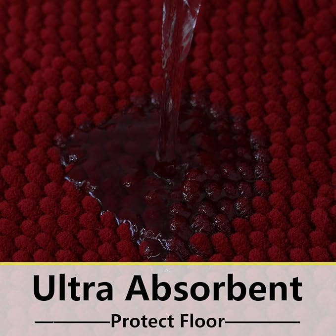 Bathroom Rugs Chenille 3-Piece Extra Soft and Absorbent Shag Bathroom Rugs, Machine Wash Mat, Strong PVC Non-Slip Underside, Plush Carpet Mats (Burgundy)