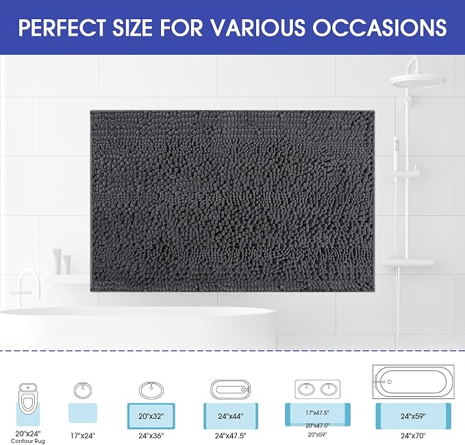 ACCUMTEK Striped Grey Bathroom Rug Mat 59"x20" Ultra Soft, Non Slip Chenille Bath Rugs, Absorbent Plush Shaggy Bath Mats for Bathroom, Bedroom, Kitchen, Shower, Tub,Dark Gray, Charcoal