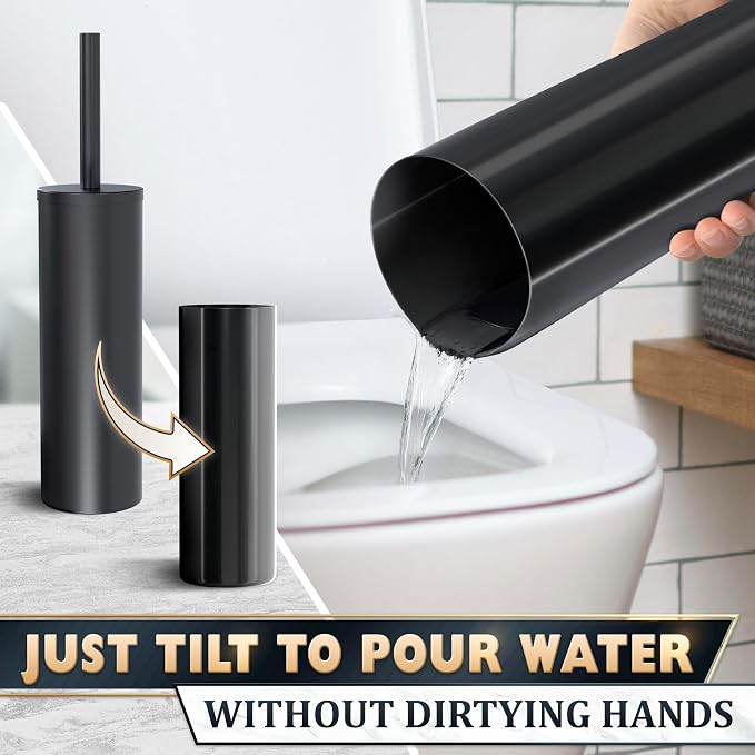 Matte Black Toilet Brush and Holder Set - Stainless Steel Toilet Brush with Holder, Removable Inner Bowl, Replaceable Head, Anti-Splash Guard and Flexible Bristles for Effective Bathroom Cleaning