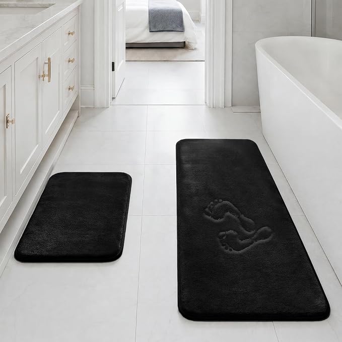 Bathroom Rugs Sets 2 Piece, Non-Slip & Quick Dry Bath Mat Set, Ultra Soft Velvet Bath Rugs for Bathroom, Toilet and Shower Floor, Black