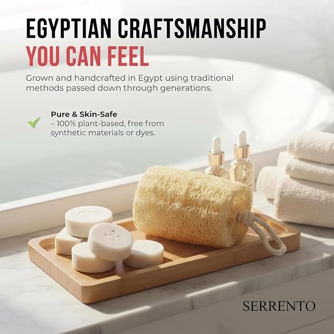 SERRENTO Loofah Body Scrubber Shower - Egyptian Luffa Sponge Pack of 3 Tan | Natural Egyptian plastic-free loofah gently exfoliate and cleanses skin while creating a rich lather for a refreshing shower