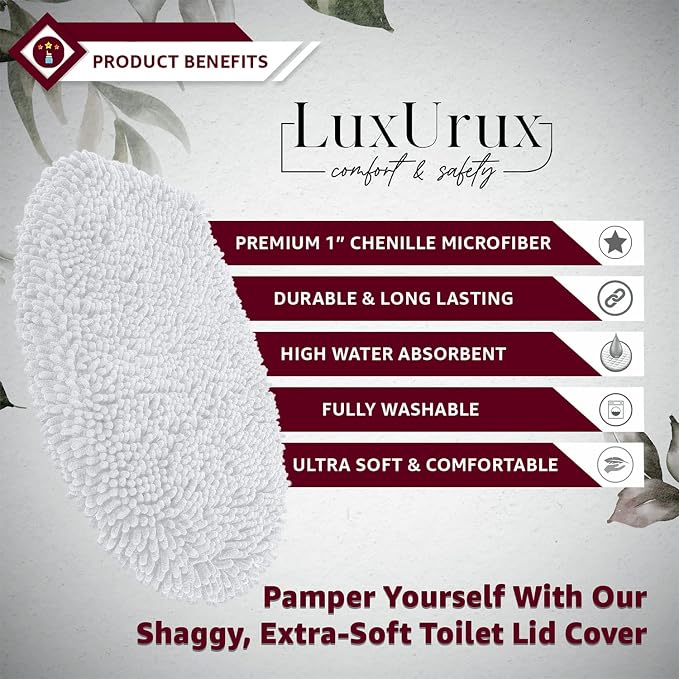 LuxUrux Toilet Lid Cover with Stretch Fit Elastic Band – Chenille Microfiber Toilet Seat Non-Slip Cover for Bathroom – Soft Plush, Machine Wash And Dry, Comfort & Clean Look (18 x 18'', White)