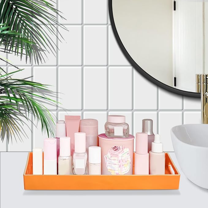 MAONAME Orange Vanity Tray, Plastic Decorative Tray, Rectangular Trays with Handles, Narrow Bathroom Trays for Toilet Tank, 13.8" X 6" X 1.57"