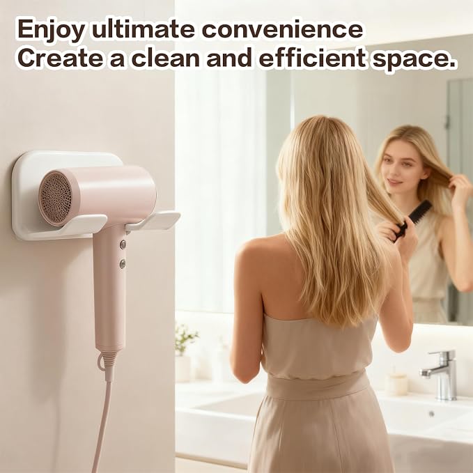 Universal Hair Dryer Holder Wall Mount -2PCS Adhesive Blow Dryer Holder With Plug Slot Organizer Hanger for Bathroom Cabinet Storage, Fits Most Hair Dryers, White