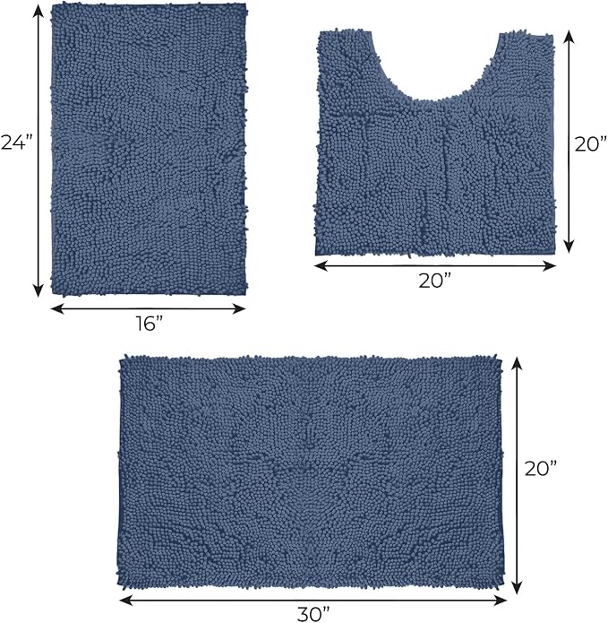LuxUrux 3-Piece Bathroom Rug Set – Plush Chenille Bath Mats & U-Shaped Toilet Mat, Ultra-Soft, Absorbent & Non-Slip (20x20 U, 16x24 & 20x30 inches, Medium Blue)