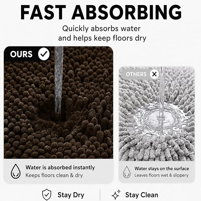 Bathroom Rugs Sets 2 Piece,Super Absorbent Soft,Thick,Machine Washable Chenille Bath Mat,Non Slip Toilet Floor Rug,Bath Mats for Bathroom,20x32 Plus 20x20 U Shape,Coffee