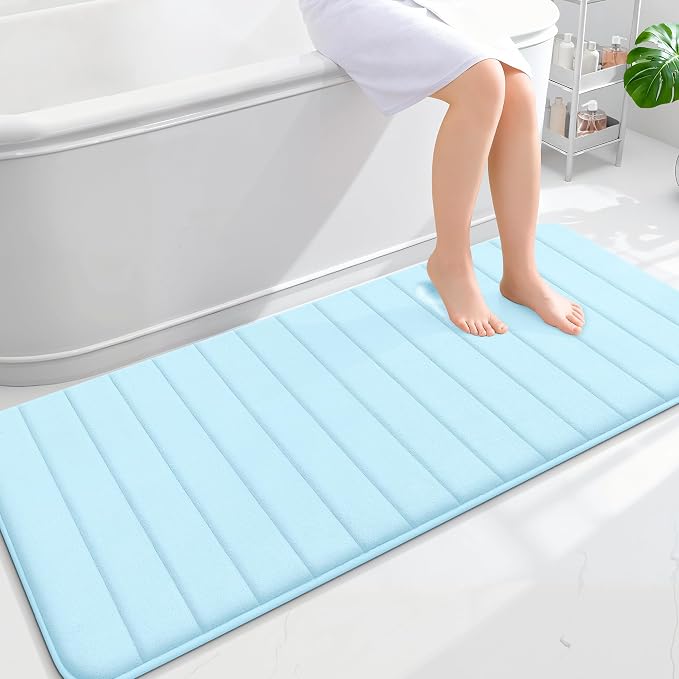 OLANLY Memory Foam Long Bathroom Rugs Runner 59x24, Super Soft Absorbent | Sky Blue, Quick Dry Bath Mat, Machine Washable Shower Floor Rugs, Bathmat Carpet for Bathroom Floor, Tub and Shower
