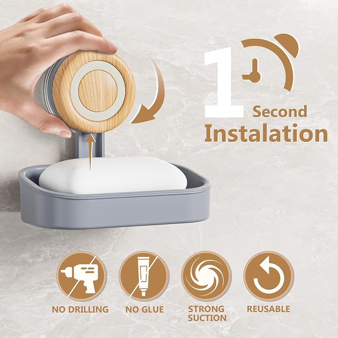 Double Layer Soap Dish for Shower 2 Pack, Wall Mounted Bar Soap Holder Suction Cup 2 Layer Self Draining Soap Case Sponge Holder for Shower Bathroom, Tub and Kitchen Sink, Grey