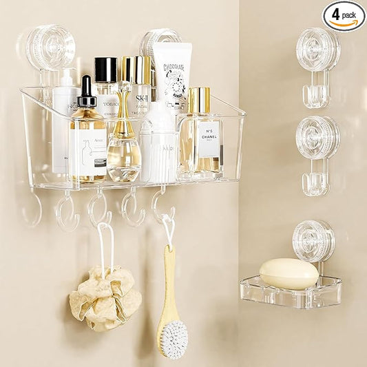 LUXEAR Suction Cup Shower Caddy Clear - Shower Caddy+Soap Dish+Suction Hooks - 1 Second Installation NO-Drilling Removable Powerful Waterproof Shower Organizer for inside Shower Bathroom