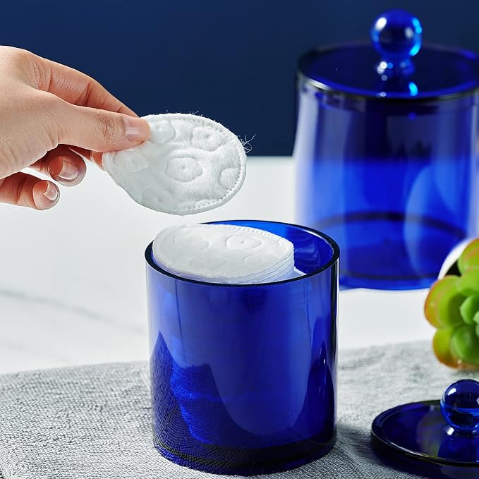 SheeChung 3 PCS Qtip Holder Bathroom Set with Tray, Acrylic Apothecary Jars | Blue Qtip Dispenser with Lid and Labels, Bathroom Qtip Holder Set for Cotton Ball, Cotton Swab 1 Pack Bathroom Vanity Tray