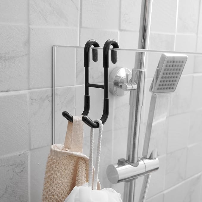 Homevacious 2 Pack Shower Door Hooks Towel Hooks for Bathroom Frameless Glass Shower Door SUS 304 Stainless Steel Drilling-Free Hanger Shower Hooks- Matte Black