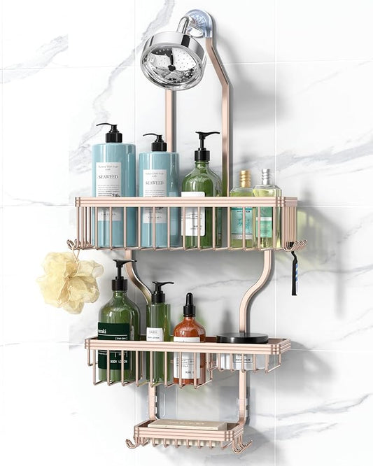 Never Rust Shower Caddy Hanging, Aluminum Shower Racks for Inside Shower, 3-Tier Shower Organizer Hanging Over Shower Head with Hooks and Soap Holder, Rose Gold