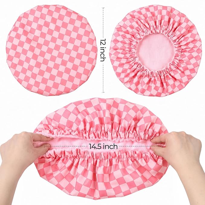 Shower Cap for Women Terry Lined Bath Cap Large Reusable Waterproof Elastic Pink Checkered Shower Caps for Long Thick Hair Soft Bath Shower Hair Caps