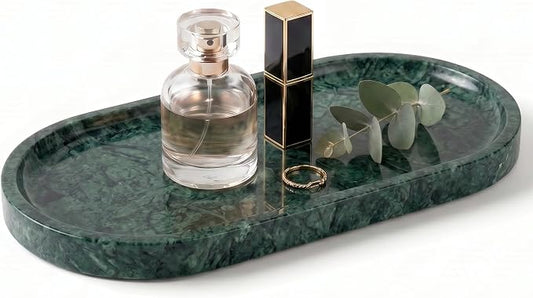 YKAJO Jade Green Oval Marble Tray, 9.8x4.7 Vanity Perfume Organizer Dish | Honed natural stone; jewelry & trinket dish, ring & key holder, soap & candle catchall; bath counter, dresser, coffee table