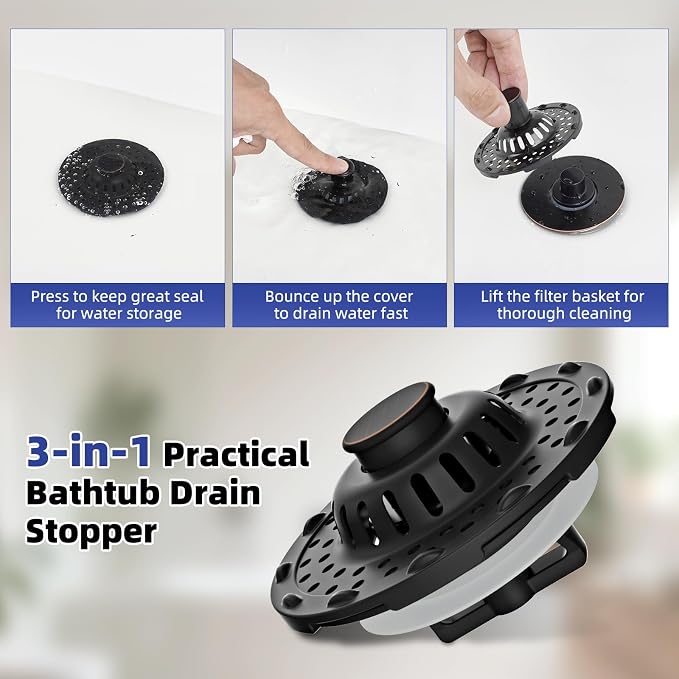 2PCS Universal Metal Bathtub Drain Stopper Hair Catcher, Oil Rubbed Bronze | Shower Drain Tub Stopper with Stainless Steel Visible Filter Basket, Upgraded 3 in 1 Pop-up Drain Plug for 1.5 to 2.4" Hole