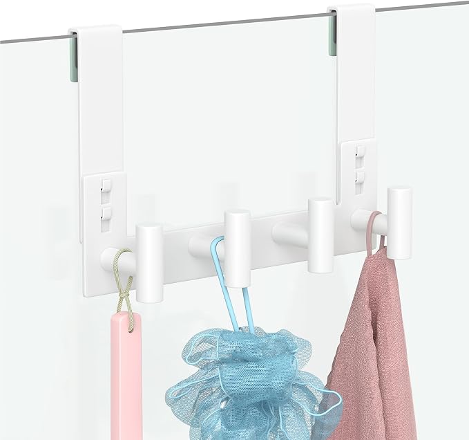 PMMASTO No-Drill Extra Long Shower Hooks, Fits 3/8" Thick Door, Heavy Duty Stainless Steel Towel Hooks for Frameless Glass Shower Door, Holds Bathrobe Towel (White, 4 T-Hooks)