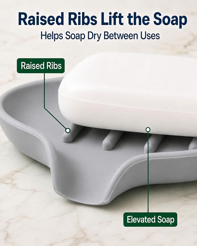 3 Pack Soap Bar Holder, AIMAIAIMAI Self Draining Soap Dish, Quick Drainage, Soap Dishes for Bathroom, Shower, Silicone Soap Tray for Kitchen, BPA-Free, Dishwasher Safe (Gray)