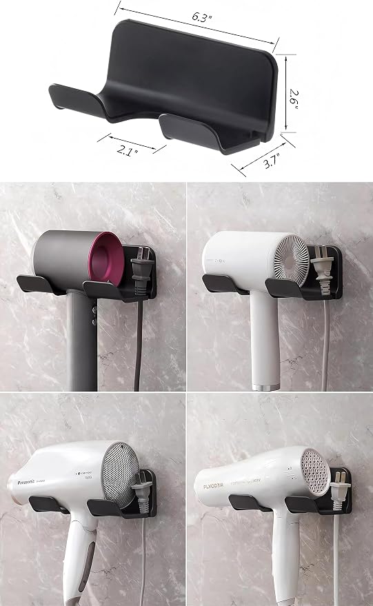 Universal Hair Dryer Holder, Blow Dryer Hanger Wall Mount for Hair Dryer Hook with Plug&Cord Organizer Self Adhesive for Cabinet Bathroom(1 Pack Black) | Universal storage rack fits most brand blow dryers, ideal for bathroom organization