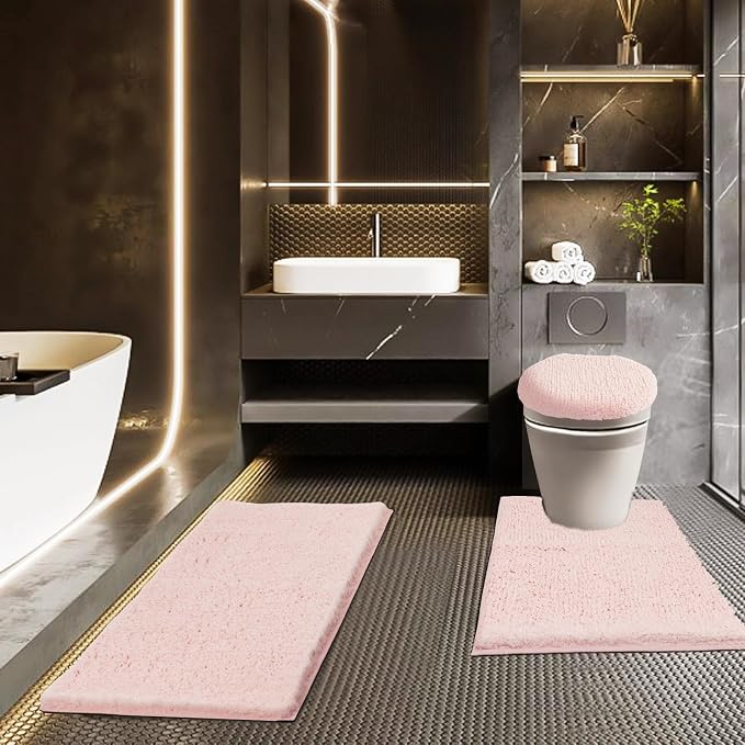 Bathroom Rugs Sets 3 Piece with Toilet Seat Cover 17.5"x 15" | Machine Washable Bath Rug Set with Tpr Non Slip Rubber Backing Solid Bath Mat Set for Luxury Bathroom Decoration