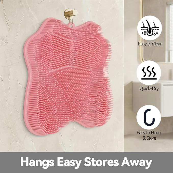 ozner Silicone Shower Foot Scrubber Mat,Back Washer Bath Wash Pad Exfoliating & Massage, Wall Mounted Slip Strong Suction Cups for Use in Cleaner Men and Women (Pink)