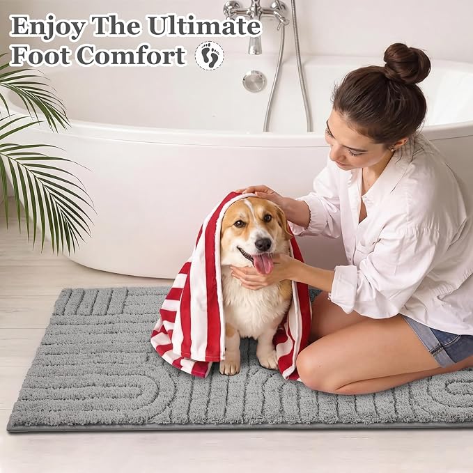 Homcomoda Bathroom Rugs Sets 3 Piece, Soft Absorbent Microfiber Bath Mats and U-Shaped Contour Toilet Rug, Non Slip Bath Rugs Machine Washable Shaggy Bath Room Floor Mats, Grey