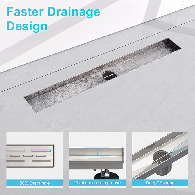 Shower Drain by EMBATHER Linear Shower Drain 36 Inch Floor Drain with Removable Quadrato Pattern Grate CUPC Certified, 304 Stainless Shower Drain Base Hair Strainer and Leveling Feet