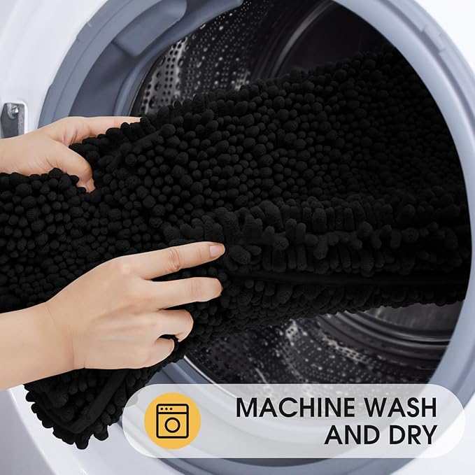 ACCUMTEK Upgrade Luxury Black Bathroom Rug Mat 48"x17", Ultra Soft Thick Absorbent Bath Mats, Non Slip Chenille Toilet Mat for Bathroom, Bedroom, Kitchen, Shower, Tub