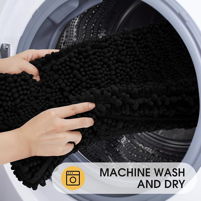 ACCUMTEK Upgrade Luxury Black Bathroom Rug Mat 36"x24", Ultra Soft Thick Absorbent Bath Mats, Non Slip Chenille Toilet Mat for Bathroom, Bedroom, Kitchen, Shower, Tub