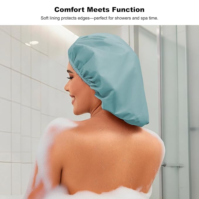 2 Pack Shower Caps for Women, Reusable Waterproof Shower Cap with Elastic Band, Thickened Waterproof Fabric Shower Bonnet for Braids, Long Hair