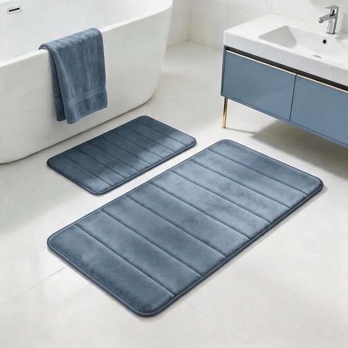 Dark Blue Bathroom Rugs Set 2 Piece Memory Foam Bath Non-Slip Bath Mat,Washable Room Mats,Absorbent Shaggy Rugs Super Soft Kitchen Mats, Carpets for Bathroom,Tub,Shower Home Decor