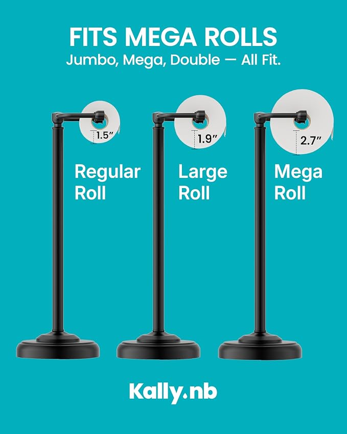 Freestanding Matte Black Toilet Paper Holder Stand, 4.82 LB Weighted Base Toilet Paper Stand, 304 Stainless Steel PVD One-Piece Pole, Pivoting Arm Fits Mega Rolls, No Drilling, 22 Inch