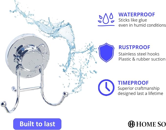 HOME SO Suction Cup Hooks for Shower & Bathroom Towel Holder 2-Pack – Suction Cups Hooks for Hanging Towels, Robes, & Coats - Tiles, Glass Door or Mirror – Shower and Towel Hooks - Chrome, Stainless