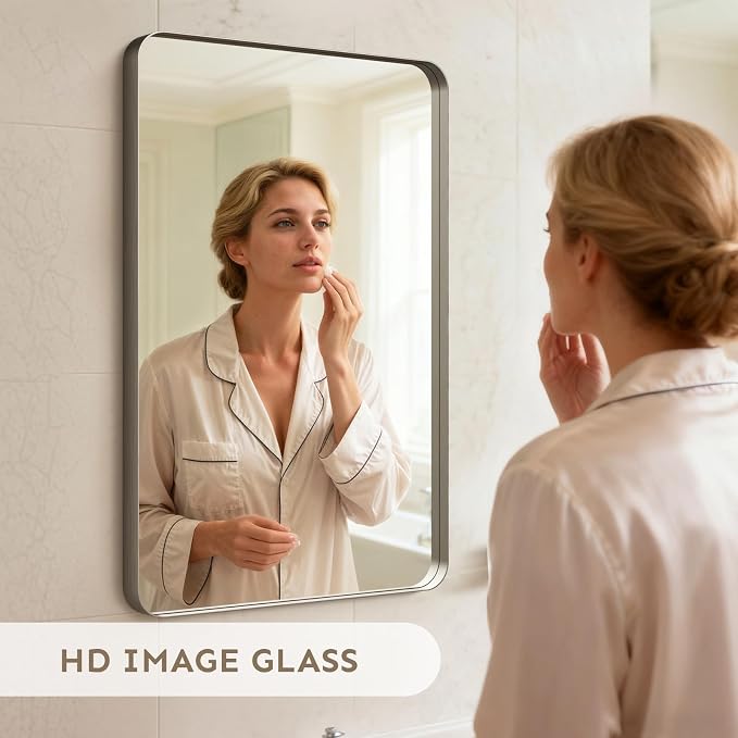 Kosmonia 30"x20" Bathroom Mirror, Large Brushed Nickel Vanity Mirror | Rounded Rectangle, Anti-Rust Wall Mounted, Aluminum Frame, Tempered Glass, Hangs Horizontally or Vertically