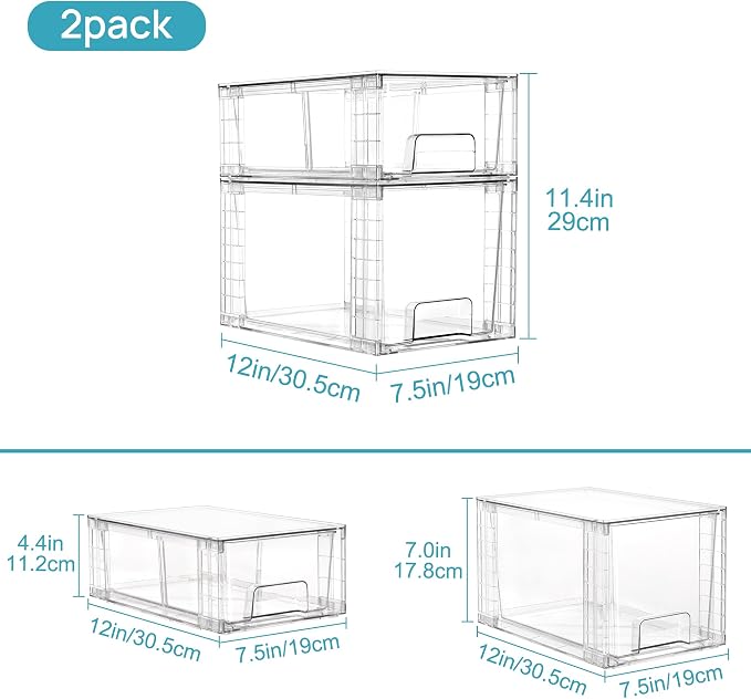 Vtopmart 8 Pack Clear Stackable Cabinet Organizers with Pull-Out Drawers, Clear Storage Drawers, 6 Medium and 2 Small for Under Sink, Pantry, Bathroom, Closet and Kitchen Storage