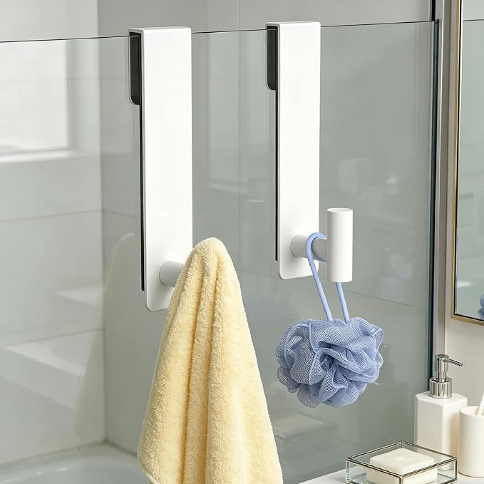 HUFEEOH 2-Pack Over The Door Hooks, Stainless Steel Door Hanger for Towels & Coats, Bathroom Towel Rack Coat Rack, Tool-Free Hooks for Hanging (White, Fits 3/8" Thick Door - T Shape 2 Pack)