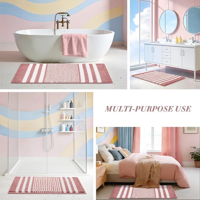 Bathroom Rugs Sets 2 Piece, Non Slip Striped Bath Mats, Dusty Pink | 20"x47" Plus 16"x24"，Soft Absorbent Chenille, Quick Dry Machine Washable, Shower Rug for Bathroom Floor, Tub, Bedroom Decor