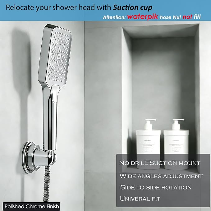 Handheld Shower Head Holder Suction Cup - Relocatable - Wide Angles Adjustable - 90° Downward - Bathroom Wall Mount Shower Wand Holder (Polished Chrome)